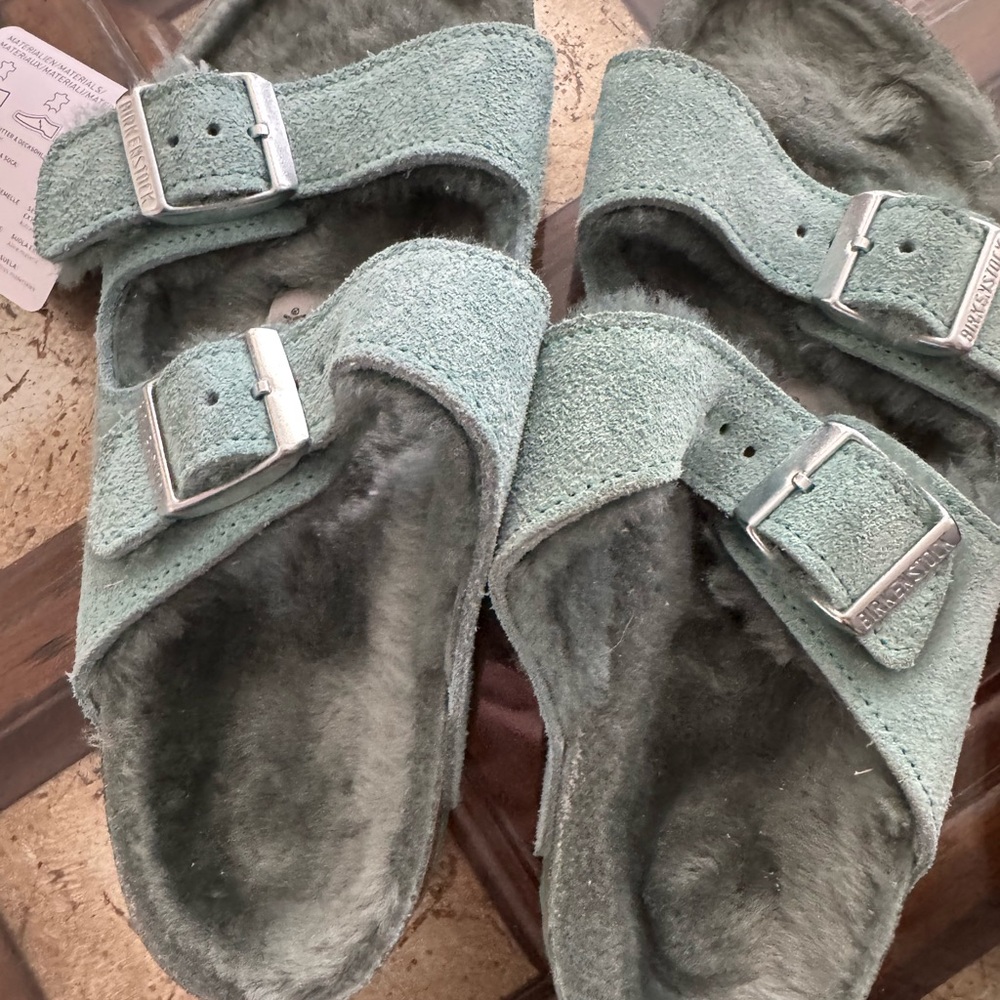 New Birkenstock Arizona Mint Green Suede Sandals size 36N